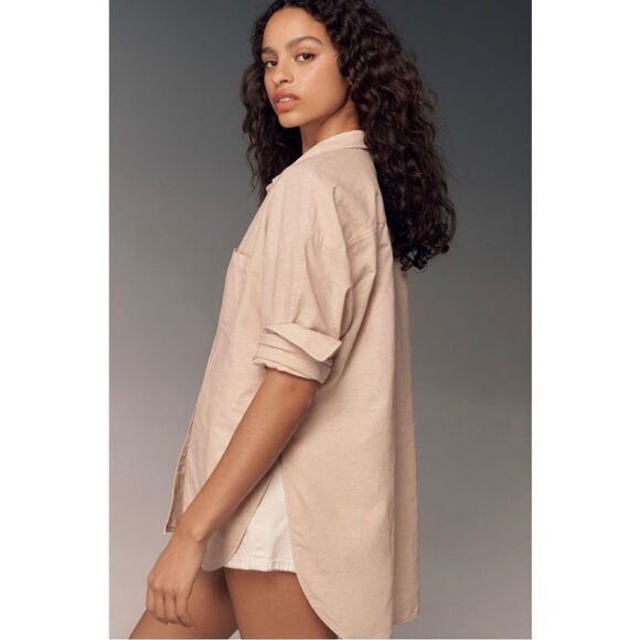 NEW Anthropologie Maeve Bennet Oversized Buttondown Taupe Linen Shirt X-Large - Picture 2 of 6